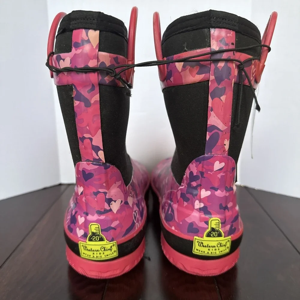 Western Chief Girls Boots Kids Sz 2/3‎ Waterproof Neoprene Pink Hearts Rain Snow